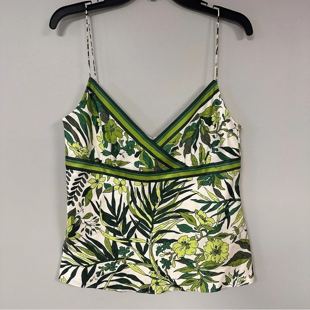 J Crew  Silk Slip Top Spaghetti Strap, Green & White Tropical Forest, Lined, 10